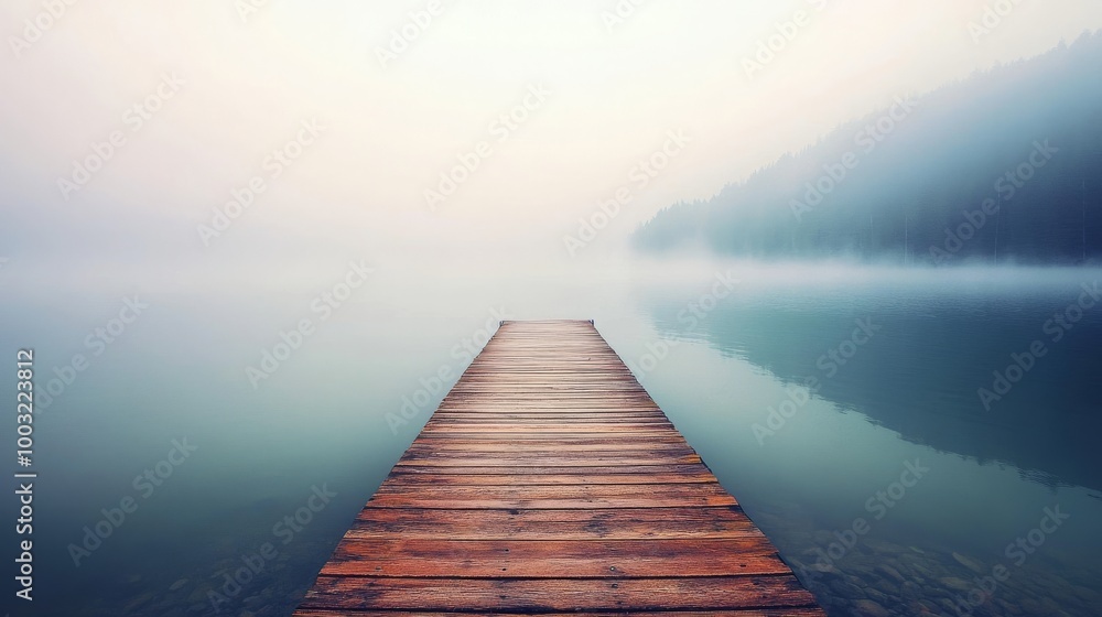 Fototapeta premium Stylish flat rectangle with lake dock. Sunrise, fog, calm water. Relaxing nature wallpaper.
