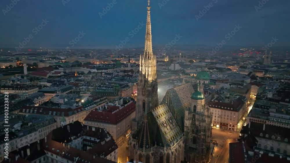Aerial view of famous places St. Stephen's Cathedral Stephansdom at night. Mother church of the Roman Catholic Archdiocese of Vienna. Austria Aerial view of famous places St. Stephen's Cathedral Stephansdom at night. Mother church of the Roman Catholic Archdiocese of Vienna. Austria