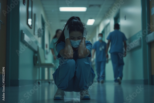 Doctor, stress and woman with depression, burnout and overworked in hospital, deadline and tired. Healthcare, medical professional and nurse crying for mistake, depressed and fatigue with anxiety.
