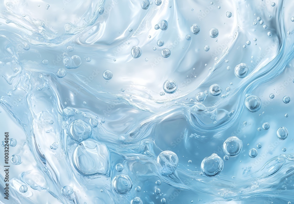 A close-up of transparent gel texture with light blue tones, featuring bubbles suspended within the smooth, flowing liquid. Perfect for skincare, beauty, or hydrating product visuals, blue background A close-up of transparent gel texture with light blue tones, featuring bubbles suspended within the smooth, flowing liquid. Perfect for skincare, beauty, or hydrating product visuals, blue background