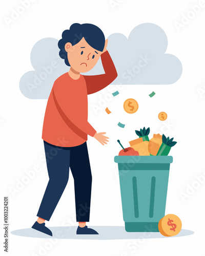 A person feeling guilty as they throw away perfectly good but expired food because they couldnt afford to restock on time.. Vector illustration