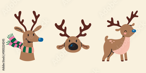 Cute Christmas deers set. Trendy modern vector illustration isolated on white background, hand drawn, flat design