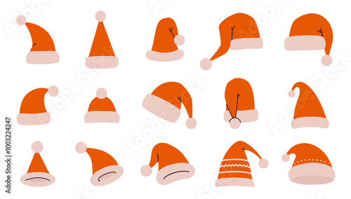Santa Claus red hats big set. Christmas and New Year decorations, carnival party caps. Trendy modern vector illustration isolated on white background, hand drawn, flat design
