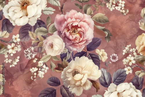 A floral patterned wall covering with a mix of white and orange flowers