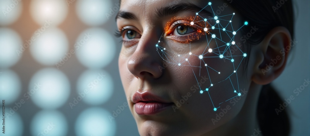 Image showcases an innovative representation of facial recognition technology through intricate designs depicting a close-up of the persons face adorned with glowing lines and points
