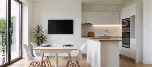 A cozy home kitchen interior showcases an eating table and TV display by a windowsill mock-up walls photo