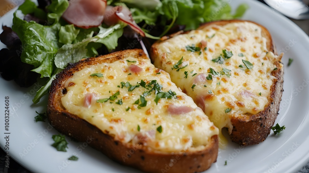 Cheese and ham toast with a side salad Cheese and ham toast with a side salad