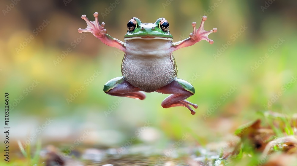 Fototapeta premium Green Frog In Mid-Air