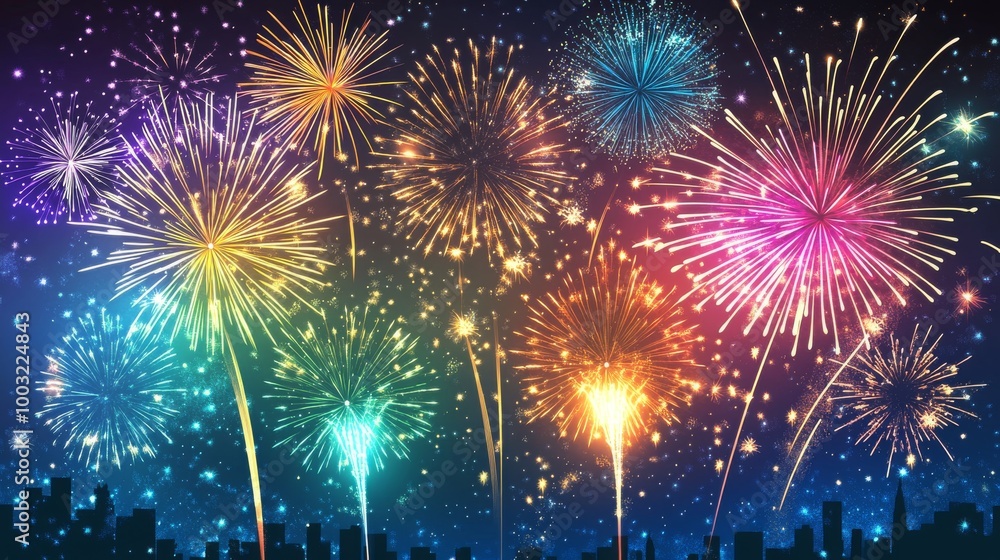 Beautiful fireworks light up the city at night, making a colorful and joyful show. They're perfect for holidays, celebrations, and special events. Beautiful fireworks light up the city at night, making a colorful and joyful show. They're perfect for holidays, celebrations, and special events.
