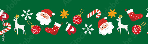 Christmas and New Year's endless border with cute winter decor elements on a green background. Seamless vector repeating pattern. Flat cartoon illustration for textiles, postcards, banners, posters,
