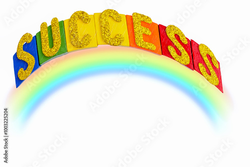 Colorful success letters with a glittering rainbow arc