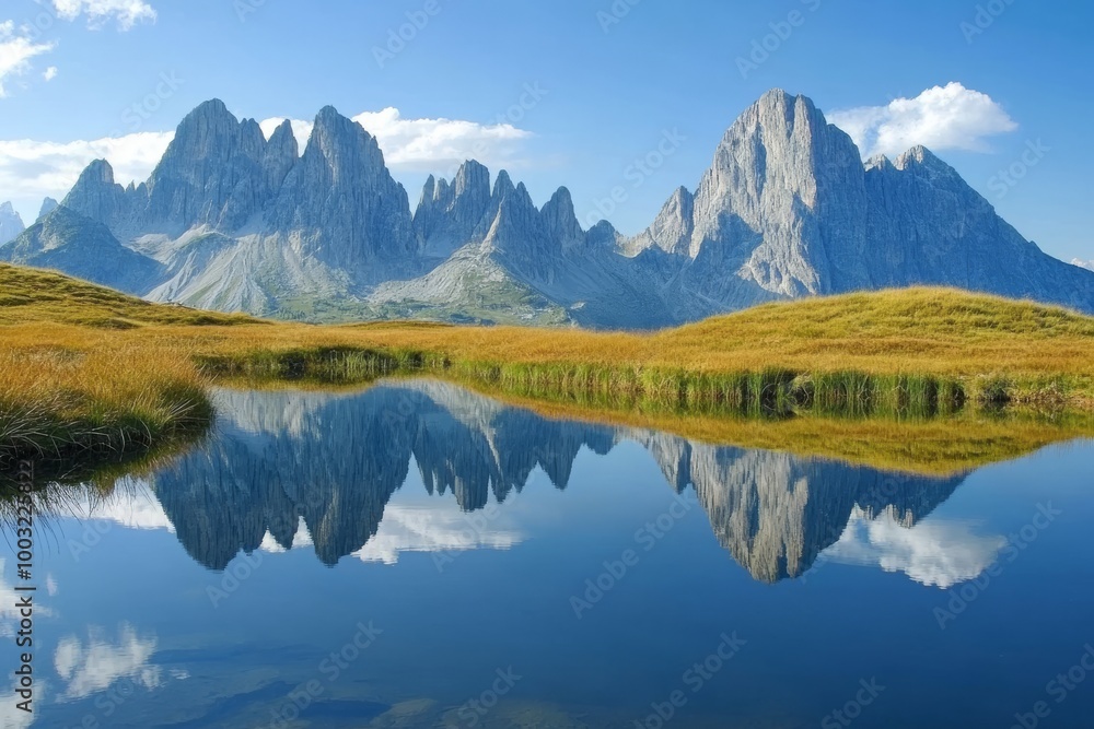 Italy, reflection of the tre cime di lavaredo mountains Italy, reflection of the tre cime di lavaredo mountains