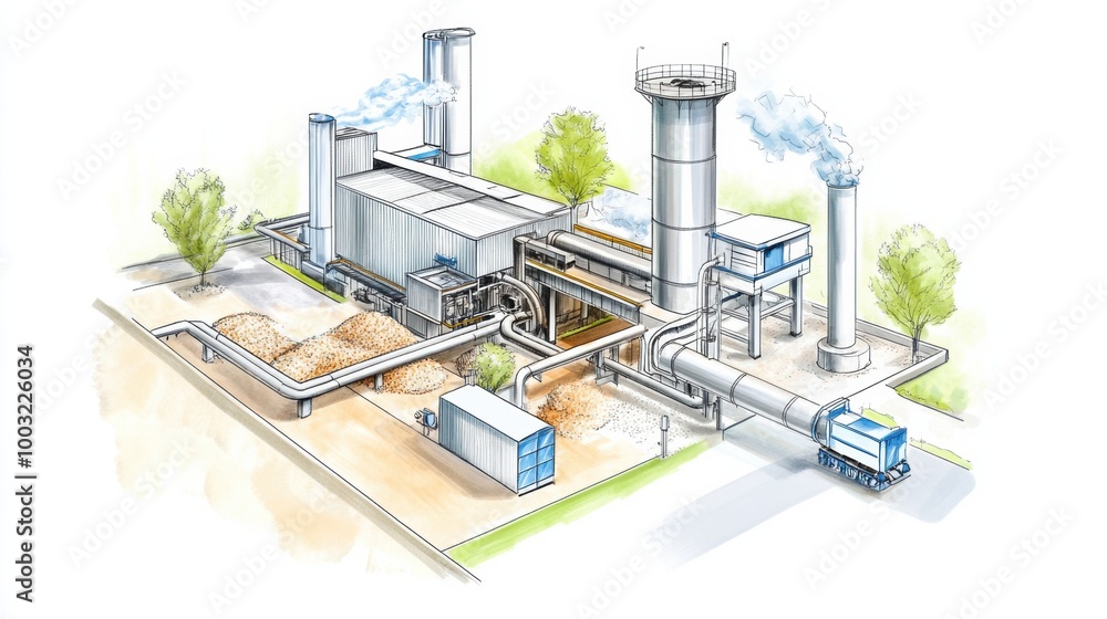 Industrial Plant Illustration with Smoke and Machinery Industrial Plant Illustration with Smoke and Machinery