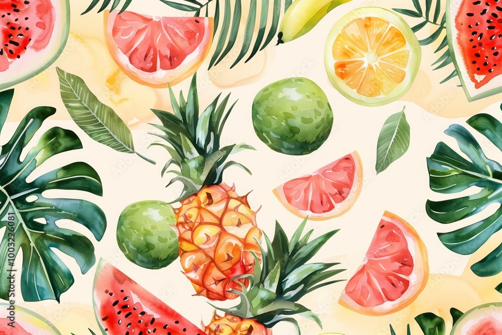 A watercolor painting of a tropical fruit salad with a variety of fruits includi A watercolor painting of a tropical fruit salad with a variety of fruits includi