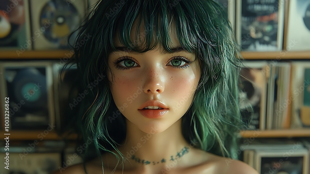 Fototapeta premium Portrait of a young woman with green hair and brown eyes