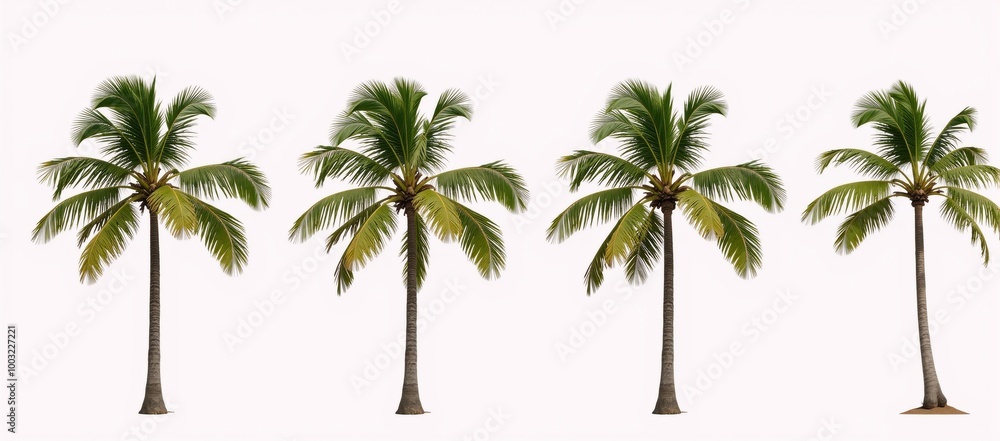 Fototapeta premium Vibrant coconut palm trio against pure-white backdrop concept for tropical vacation or floral photography