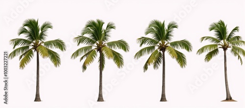 Vibrant coconut palm trio against pure-white backdrop concept for tropical vacation or floral photography