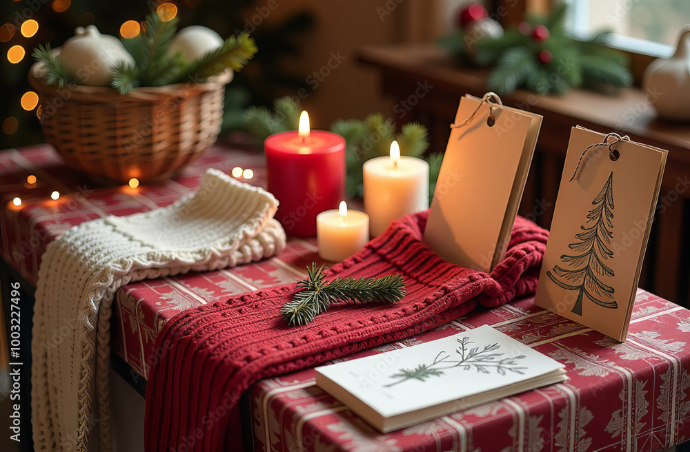 Cozy festive winter decor with candles, sprigs of evergreen greenery and handmade cards on a holiday table in a warm space Cozy festive winter decor with candles, sprigs of evergreen greenery and handmade cards on a holiday table in a warm space