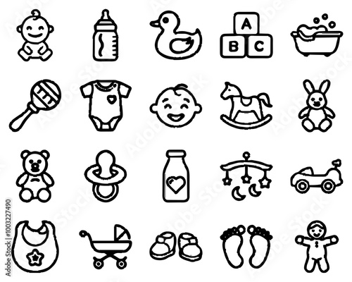 Set of baby icons representing toys and accessories in a simple and minimalist style