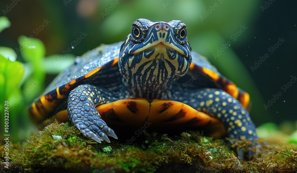 A diamondback terrapin rests on mossy sand in an aquarium, showcasing its vibrant shell and curious demeanor while submerged underwater A diamondback terrapin rests on mossy sand in an aquarium, showcasing its vibrant shell and curious demeanor while submerged underwater