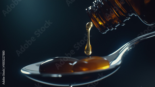 Close-up of drops from a medicine bottle falling onto a spoon, capturing the precise moment and the liquid's clarity, emphasizing care and dosage.