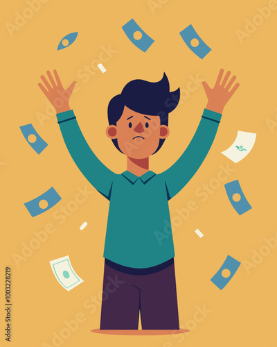 A person holds their hands up in defeat surrounded by multiple bills as they realize they may not be able to afford their high utility costs.. Vector illustration