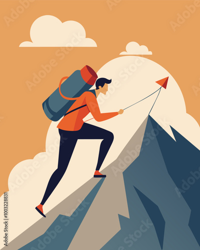 A person carrying a heavy backpack of debt up a steep mountain with the debt avalanche od serving as a guide for a smoother and more efficient climb.. Vector illustration
