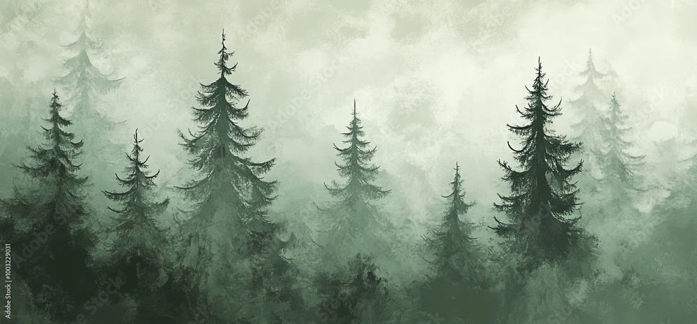 Watercolor brush contour drawing of spruce trees Watercolor brush contour drawing of spruce trees
