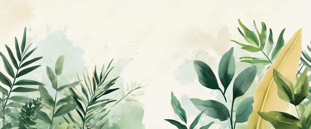 Hand-drawn tropical plant wallpaper with foliage, tree branches, leaves and leaves in watercolor. Suitable for covers, prints, wall art, decorative purposes. Hand-drawn tropical plant wallpaper with foliage, tree branches, leaves and leaves in watercolor. Suitable for covers, prints, wall art, decorative purposes.