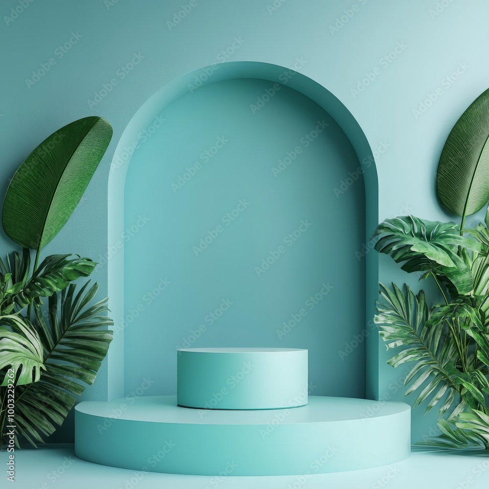 3D render of blue podium with tropical leaves on turquoise background 3D render of blue podium with tropical leaves on turquoise background