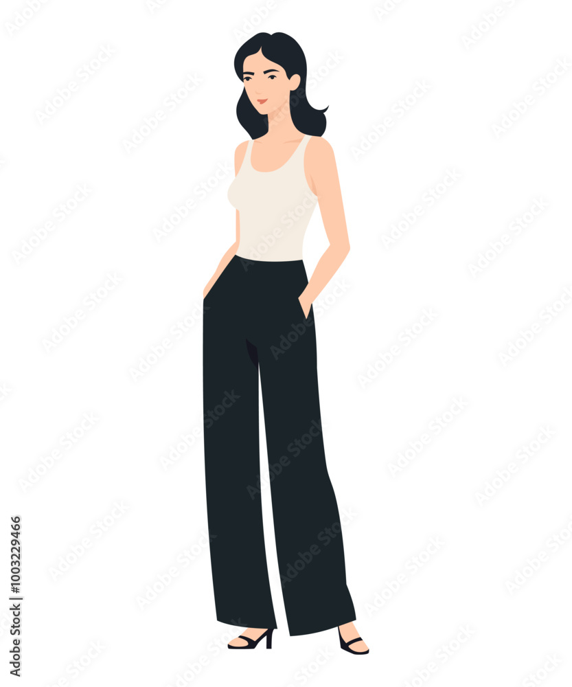 Vector illustration of a girl in a minimalistic look with a white top and black pants, suitable for everyday wear. Vector illustration of a girl in a minimalistic look with a white top and black pants, suitable for everyday wear.