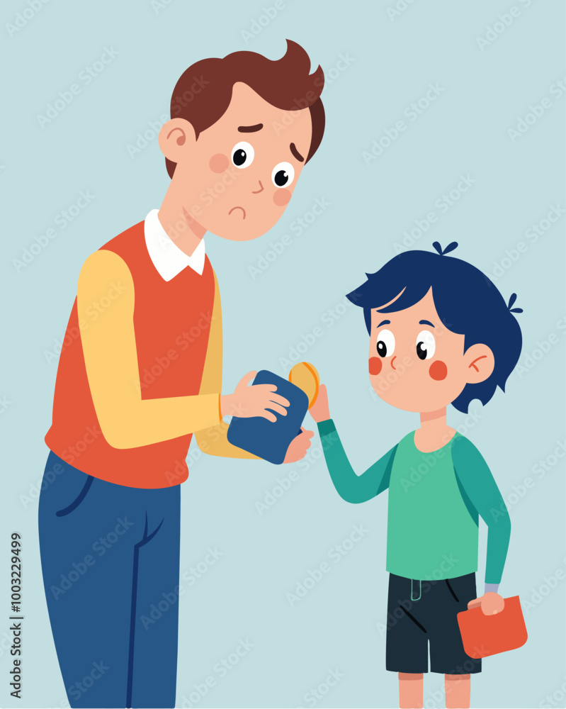 A parent reaches into their wallet to give their child some money only to pull out an empty wallet and apologize.. Vector illustration A parent reaches into their wallet to give their child some money only to pull out an empty wallet and apologize.. Vector illustration