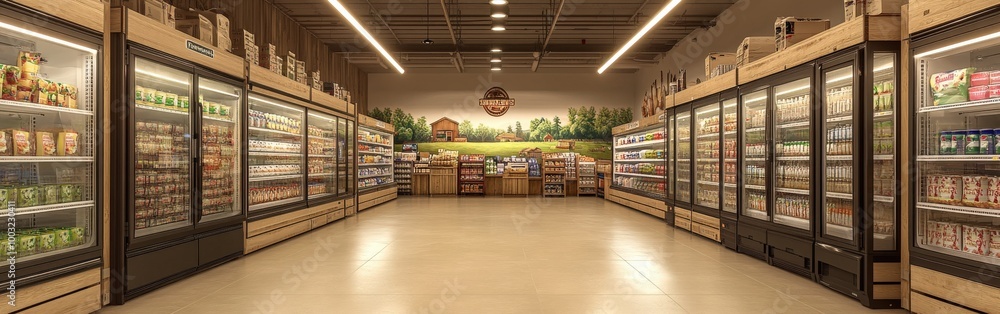 Bright Grocery Store Aisle with Well-Organized Shelves of Products Bright Grocery Store Aisle with Well-Organized Shelves of Products