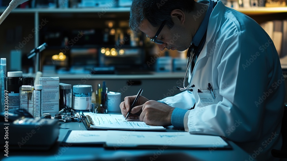 A doctor writing notes during a patient consultation, with medical equipment and reference books visible in the background A doctor writing notes during a patient consultation, with medical equipment and reference books visible in the background