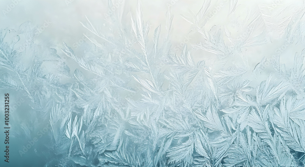 Obraz premium Texture of ice patterns on glass in winter frost. Christmas background with frosty pattern. Winter background concept.