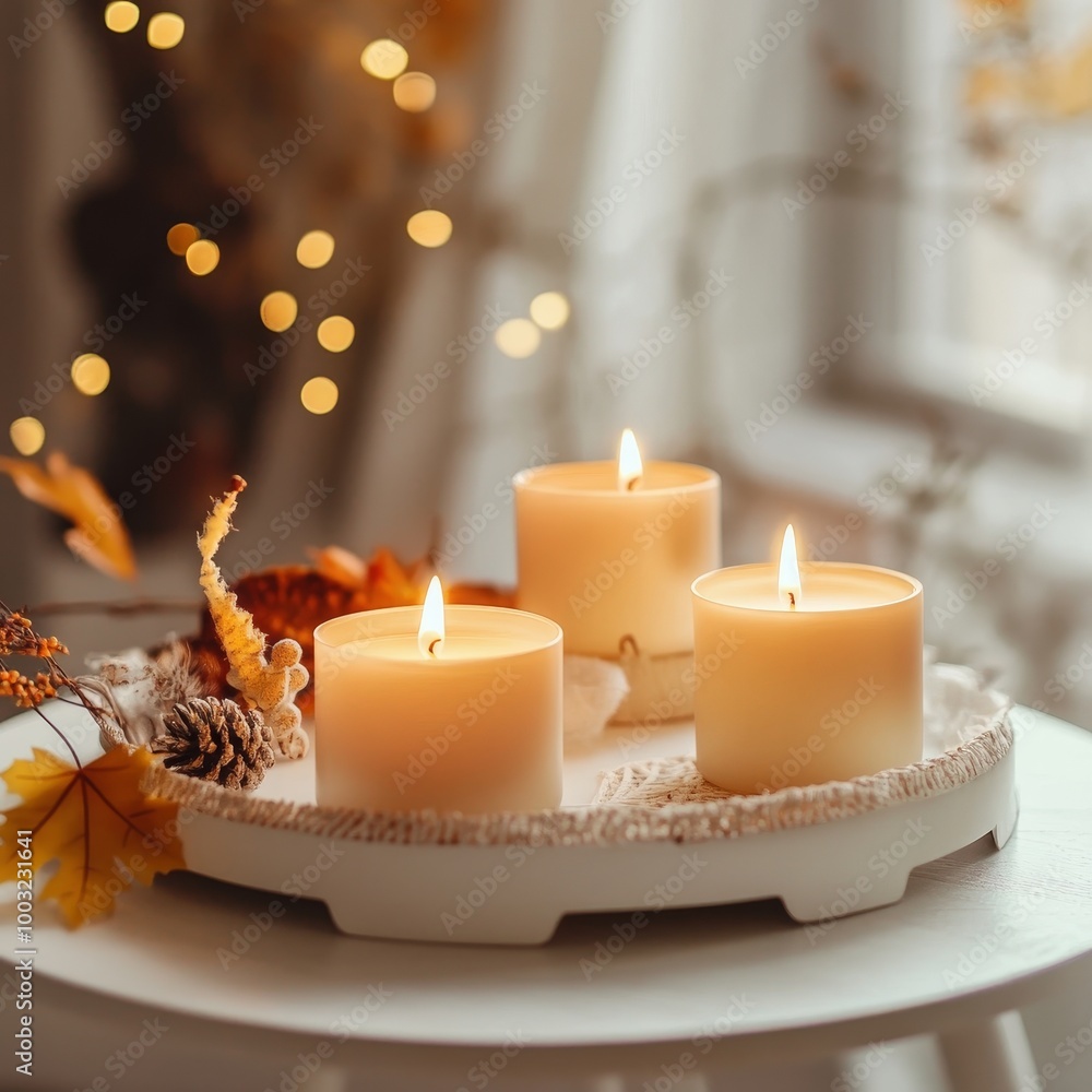 Burning candles on table with autumn leaves and bokeh background Burning candles on table with autumn leaves and bokeh background