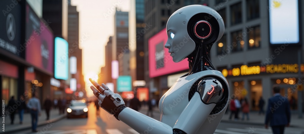Fototapeta premium Futuristic robot assistant on city street at sunset with modern technology innovation Modern Tech-inspired Photography