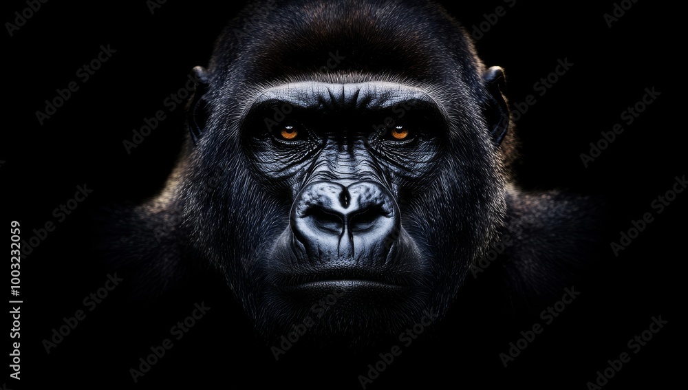 Wild black gorilla face created with generative AI technology. Wild black gorilla face created with generative AI technology.
