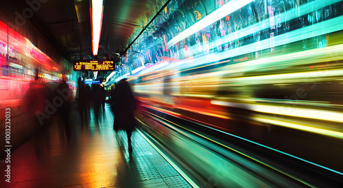 Blurred image of passengers on a subway platform, long exposure creates streaks of color and movement. A concept of the hustle and bustle of the subway.