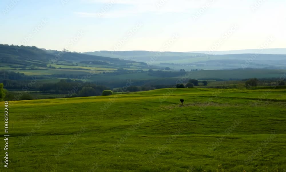 A peaceful country meadow with grazing cows and a backdrop of rolling hills and a clear sky. A peaceful country meadow with grazing cows and a backdrop of rolling hills and a clear sky.