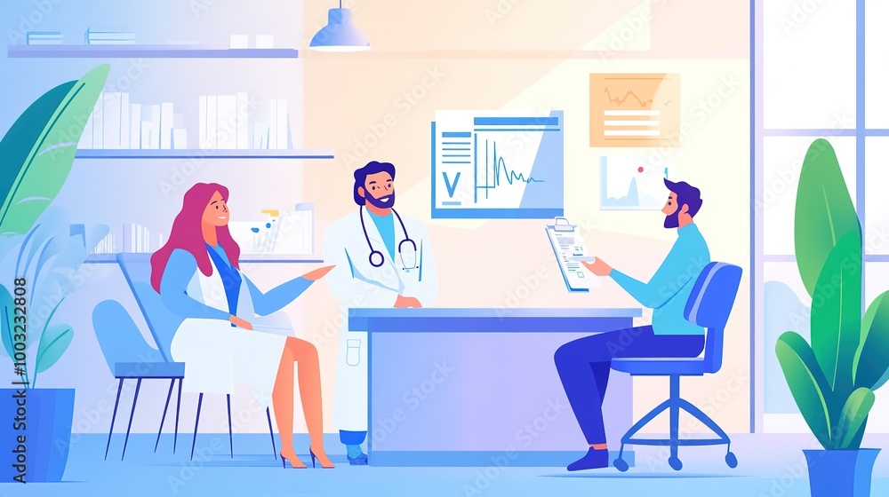 A doctor reviewing lab results with a patient, explaining the diagnosis and outlining the next steps in a bright consultation room A doctor reviewing lab results with a patient, explaining the diagnosis and outlining the next steps in a bright consultation room