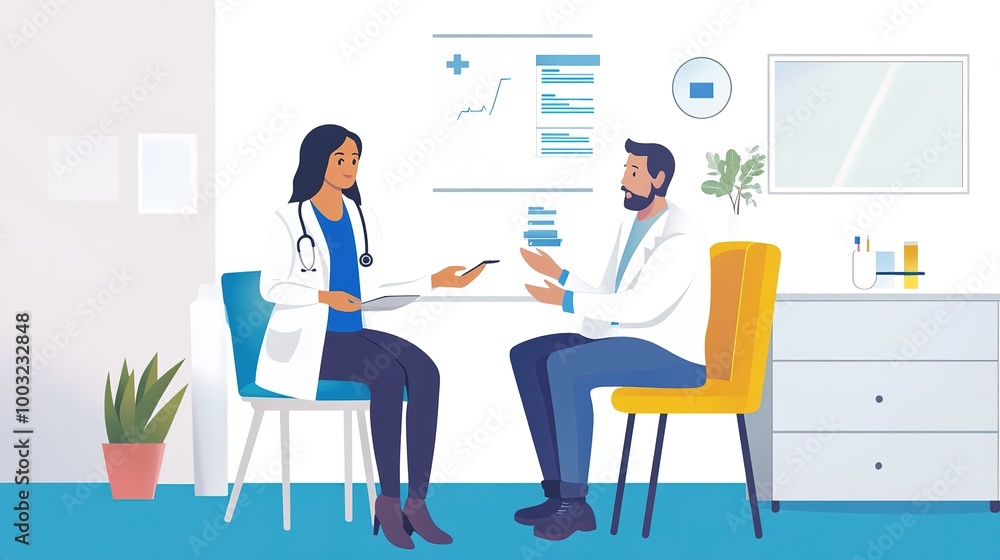 A doctor reviewing lab results with a patient, explaining the diagnosis and outlining the next steps in a bright consultation room A doctor reviewing lab results with a patient, explaining the diagnosis and outlining the next steps in a bright consultation room