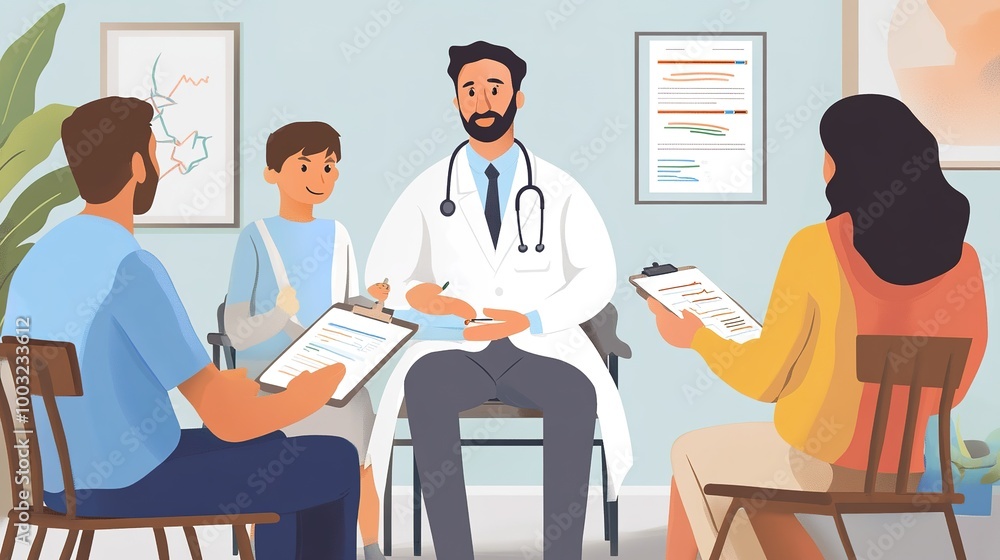 A doctor explaining a diagnosis to a patient and their family, using visual aids and medical charts to ensure everyone understands the condition A doctor explaining a diagnosis to a patient and their family, using visual aids and medical charts to ensure everyone understands the condition