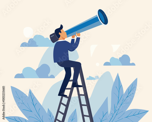 Businessman Visionary Climbing Ladder with Telescope Observing 2022 Economic Outlook Opportunities Challenges Business Concept Flat Minimalist SVG Vector