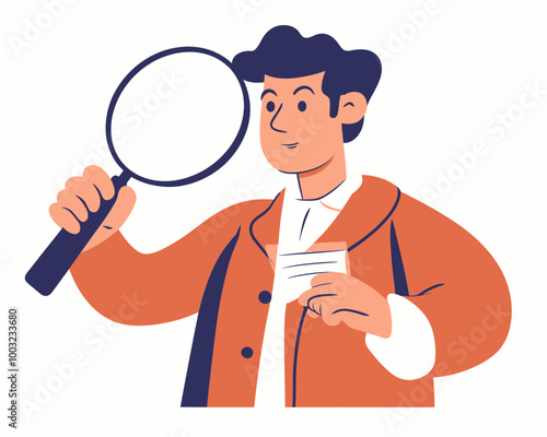 Curiosity Detective Analyzing Evidence with Magnifying Glass, Flat Minimalist SVG Vector for Research Insight and Investigation