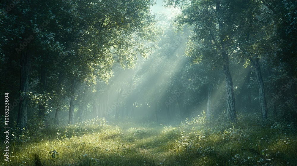 Enchanted Forest Path: Sunlight Through Mist Enchanted Forest Path: Sunlight Through Mist