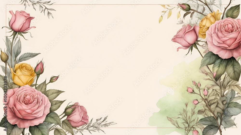 Floral frame design with pink and yellow roses on a soft background for decorative purposes Floral frame design with pink and yellow roses on a soft background for decorative purposes