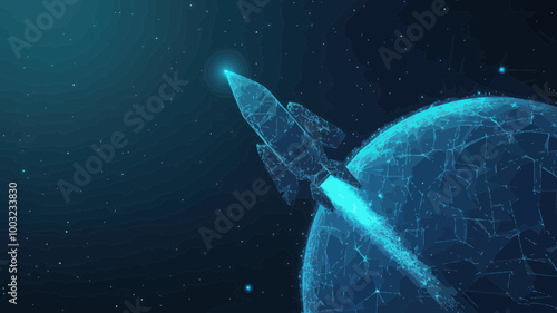 Digital Rocket Orbiting Earth in Abstract Wireframe Composition - Minimalist Low Poly 3D Technology Vector Science Art