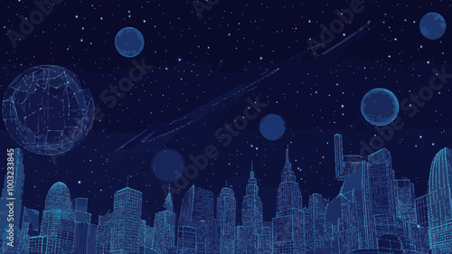 Futuristic Megalopolis Wireframe with Starry Sky and Planets Concept for Technology and Urban Planning