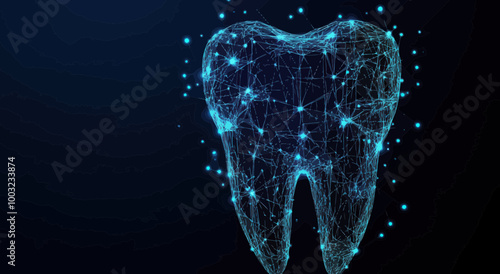 Abstract Low Poly Tooth Wireframe in Cosmic Starry Sky with Lines and Points, Vector Dental Illustration, Futuristic Universe Concept for Dentistry, Innovation, and Science
